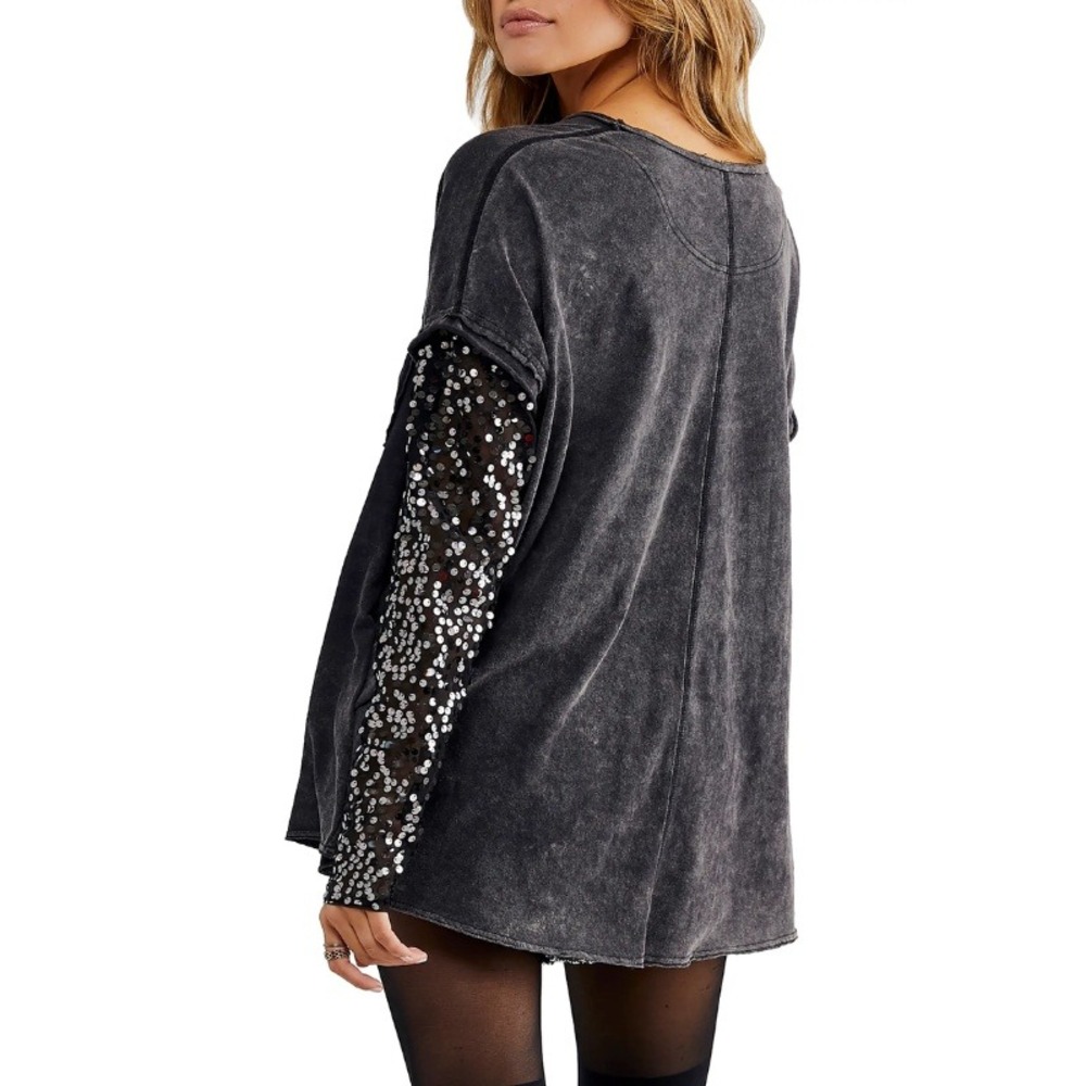 Free People Celine Sequin T-Shirt Long Sleeve Washed Black Size XS NWT